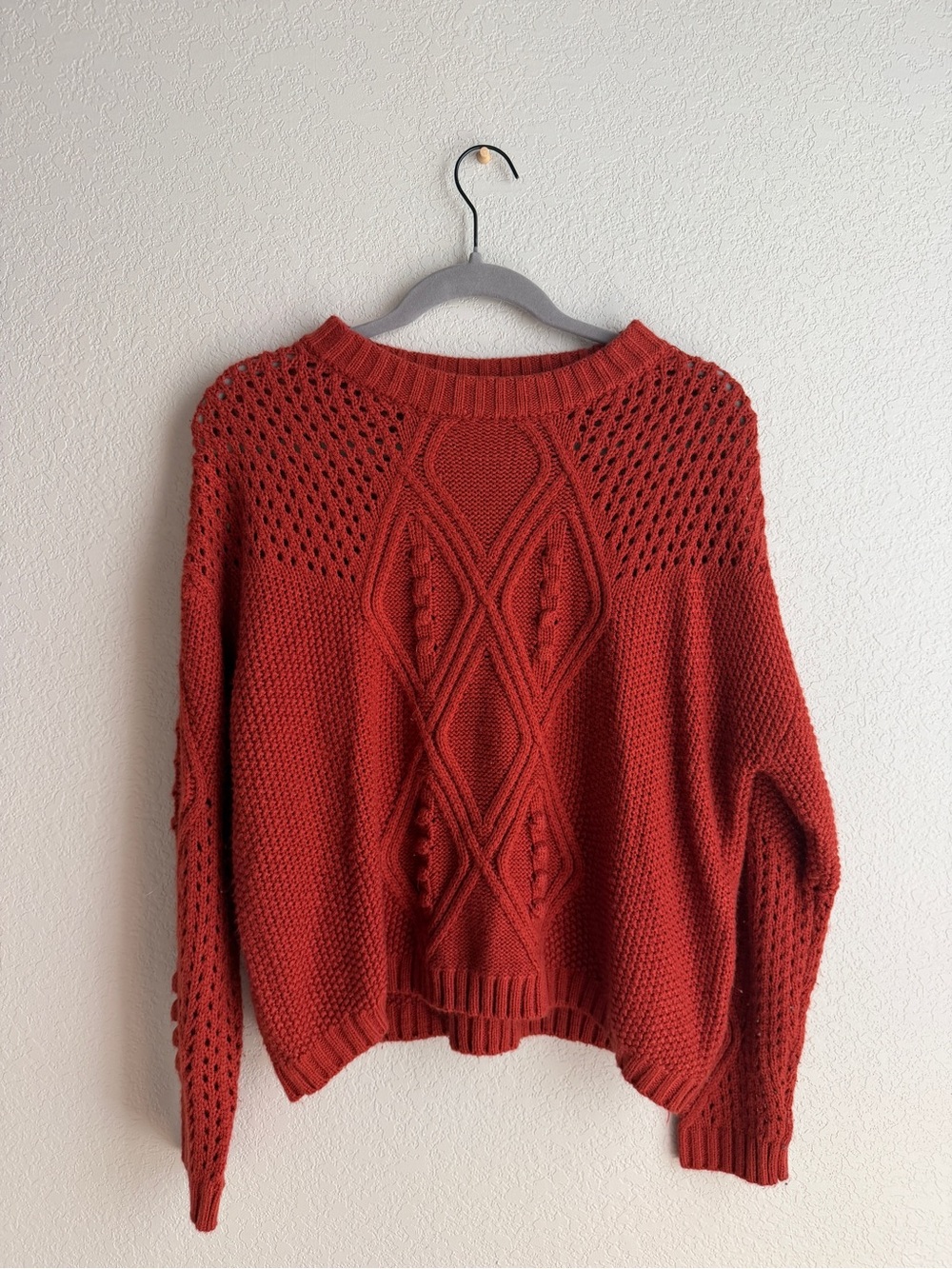 Francesca's Collections Cable & Open-Knit Crewneck Sweater - Rust